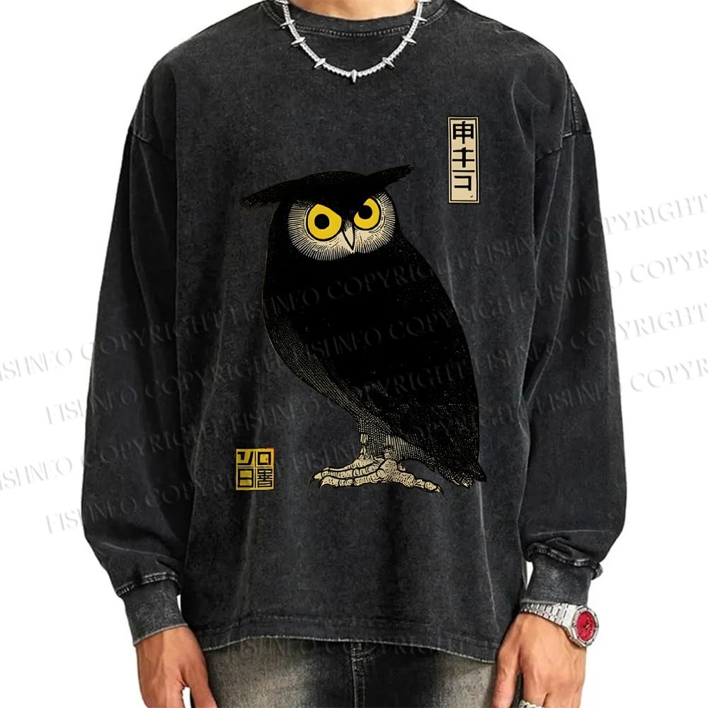 Unisex Casual Washed Ukiyo-e Night Owl Printed Long Sleeve T-shirt