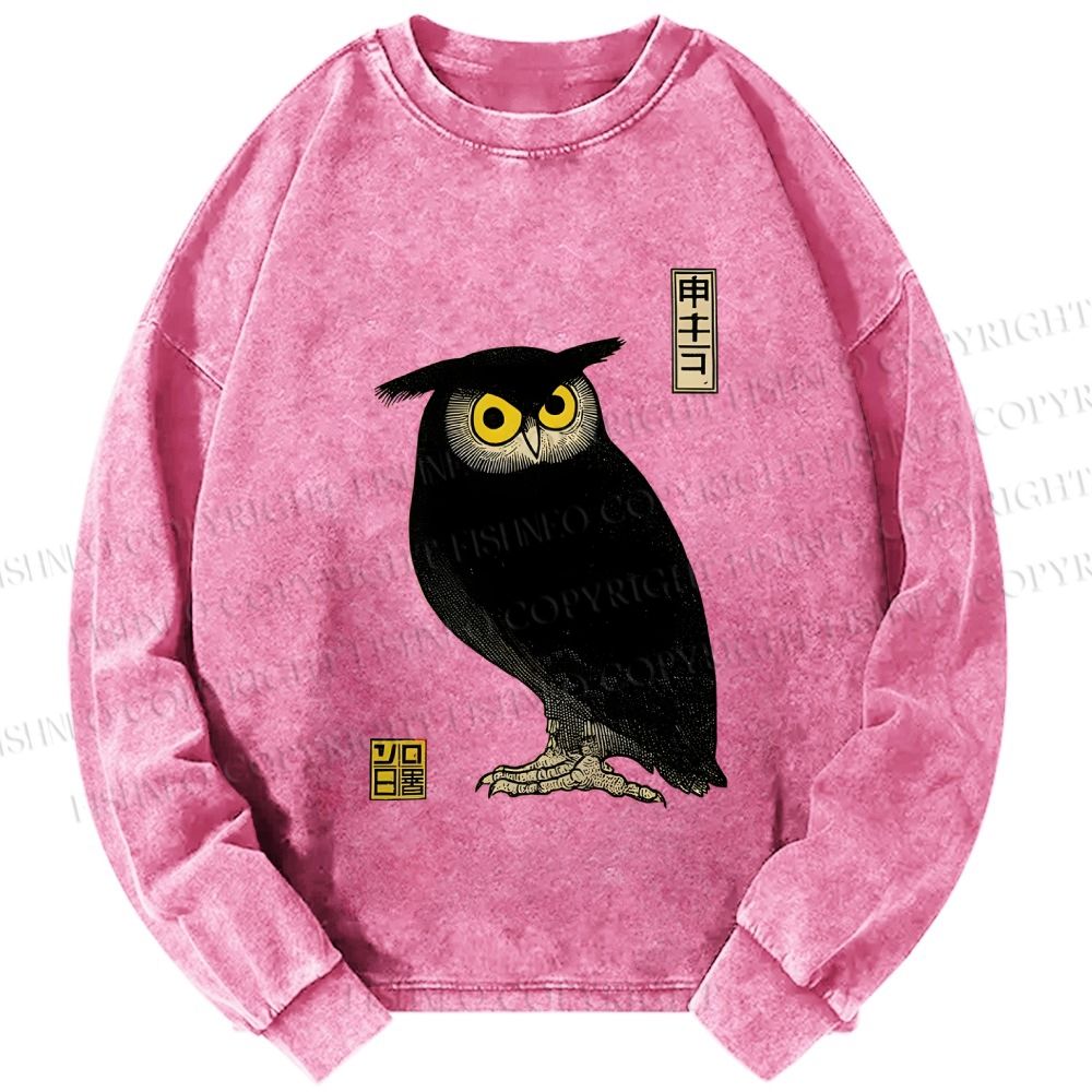 Unisex Casual Washed Ukiyo-e Night Owl Printed Long Sleeve T-shirt