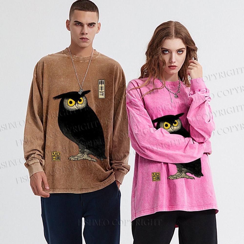 Unisex Casual Washed Ukiyo-e Night Owl Printed Long Sleeve T-shirt