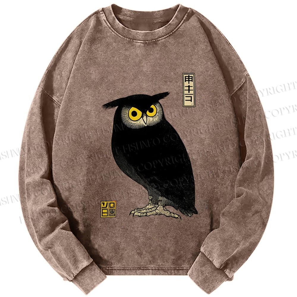 Unisex Casual Washed Ukiyo-e Night Owl Printed Long Sleeve T-shirt