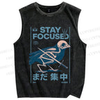 Unisex Bird Skull Japanese Printed Washed Tank Top