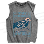 Unisex Bird Skull Japanese Printed Washed Tank Top