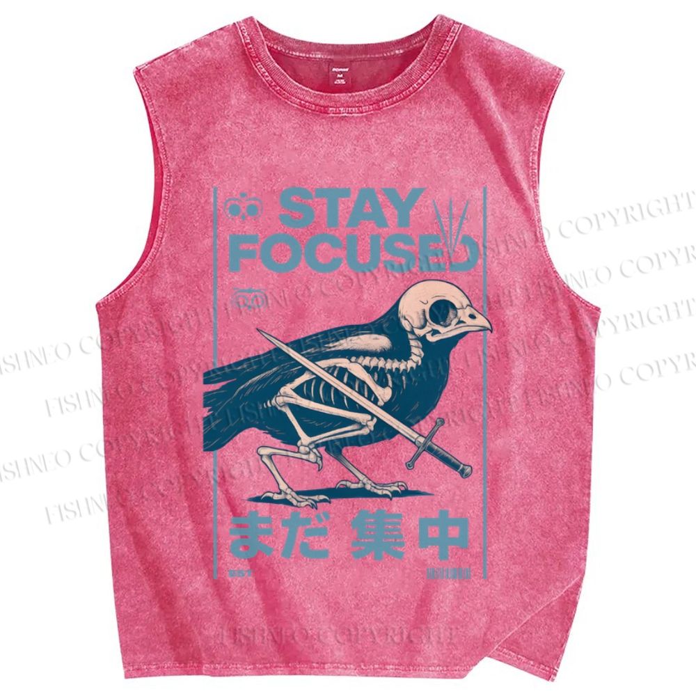 Unisex Bird Skull Japanese Printed Washed Tank Top