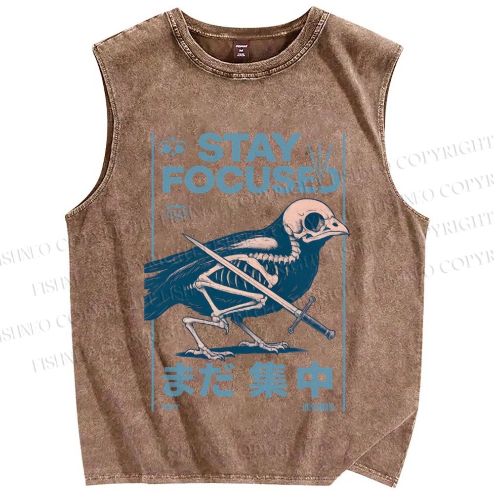 Unisex Bird Skull Japanese Printed Washed Tank Top