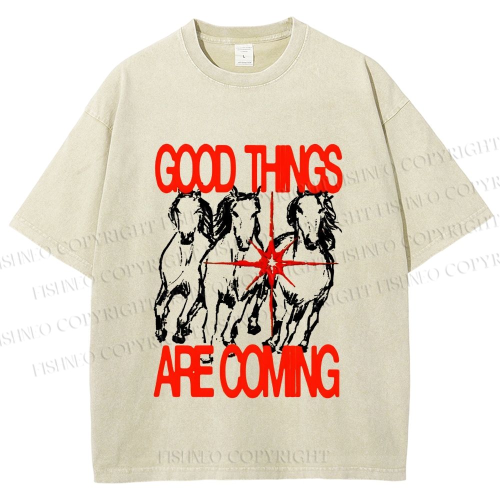 Unisex Horse Good Things Coming Printed Washed Tee
