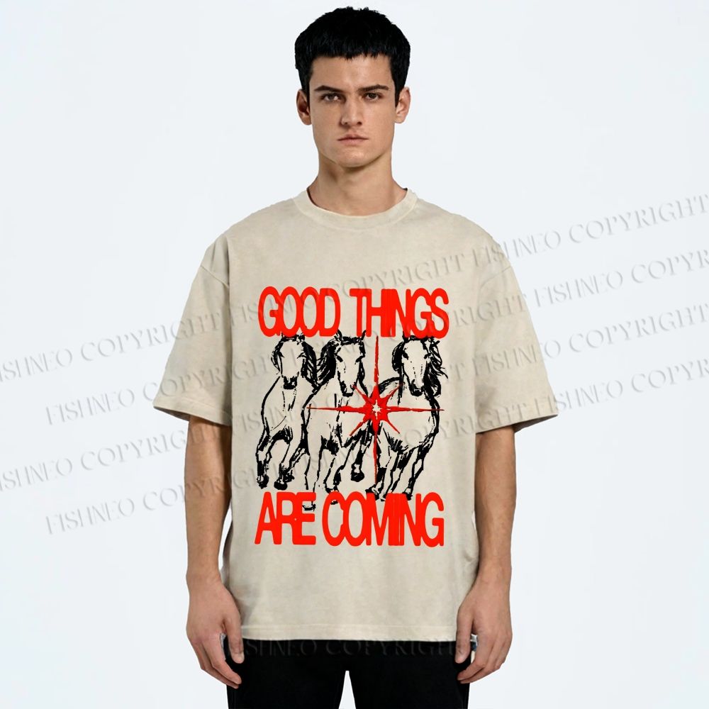 Unisex Horse Good Things Coming Printed Washed Tee
