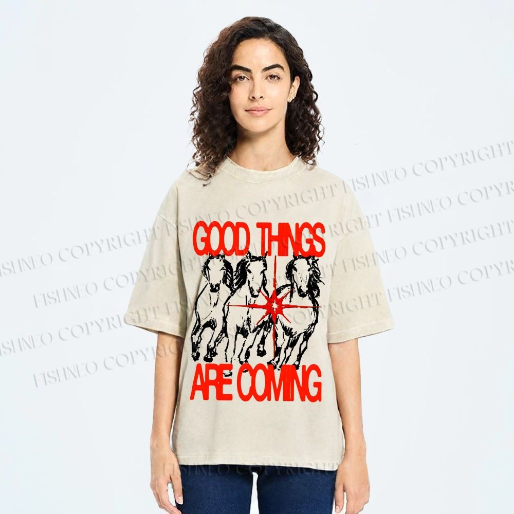 Unisex Horse Good Things Coming Printed Washed Tee