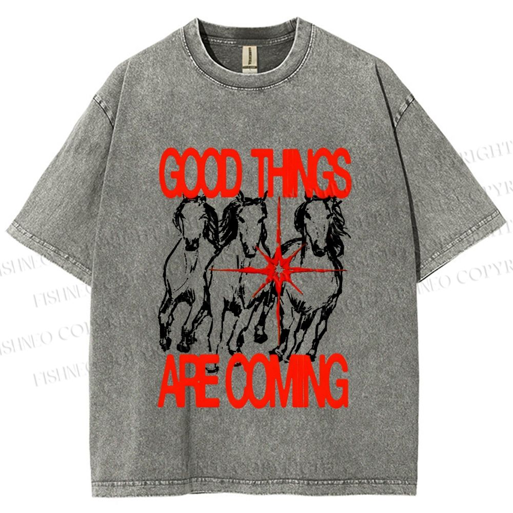 Unisex Horse Good Things Coming Printed Washed Tee
