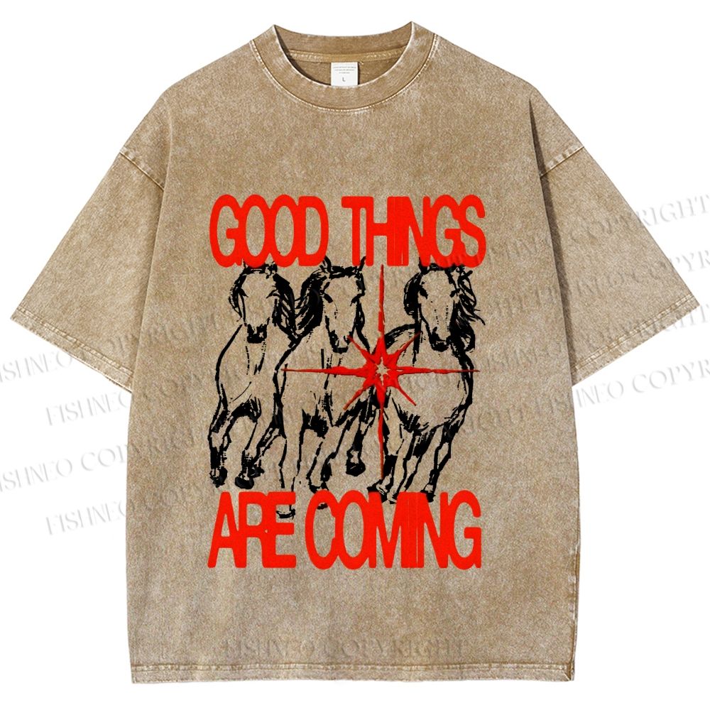 Unisex Horse Good Things Coming Printed Washed Tee
