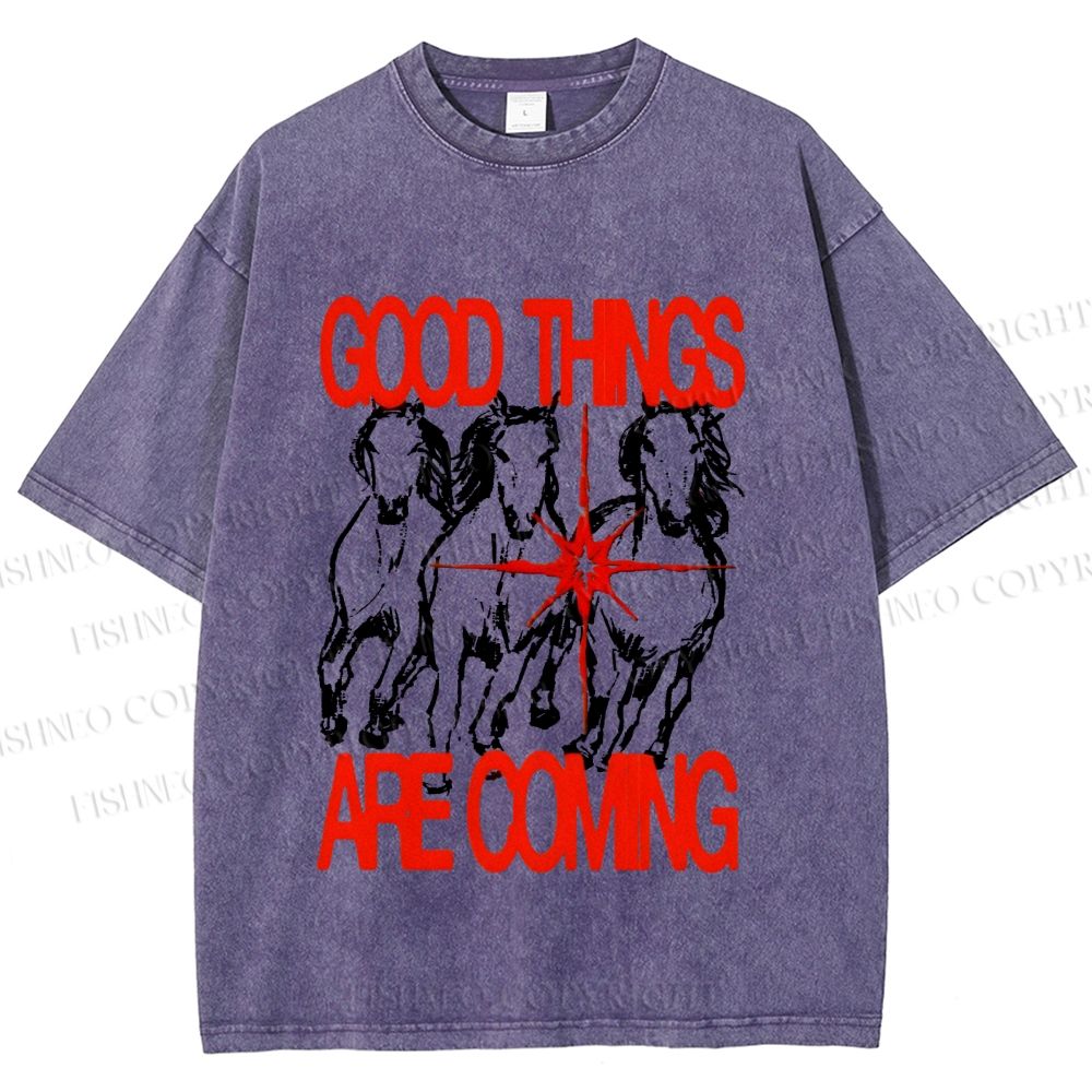 Unisex Horse Good Things Coming Printed Washed Tee