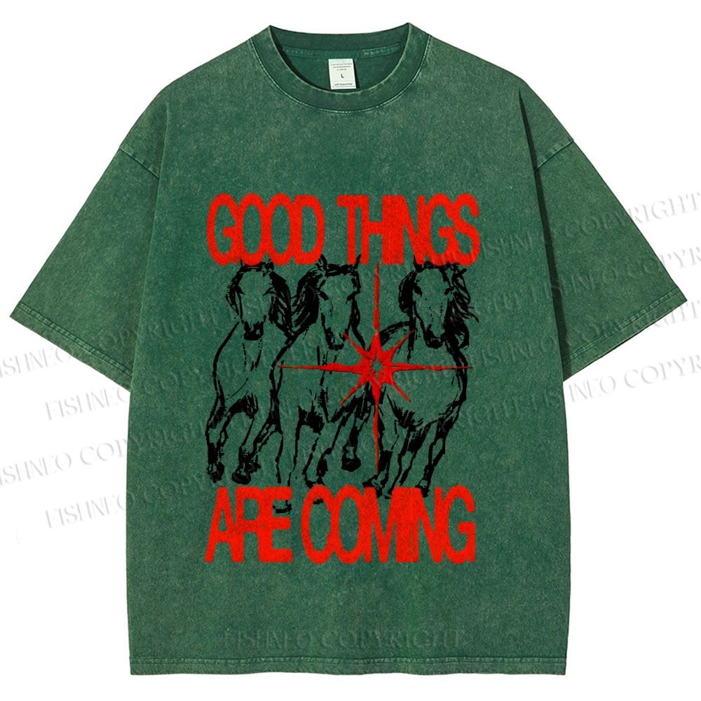 Unisex Horse Good Things Coming Printed Washed Tee