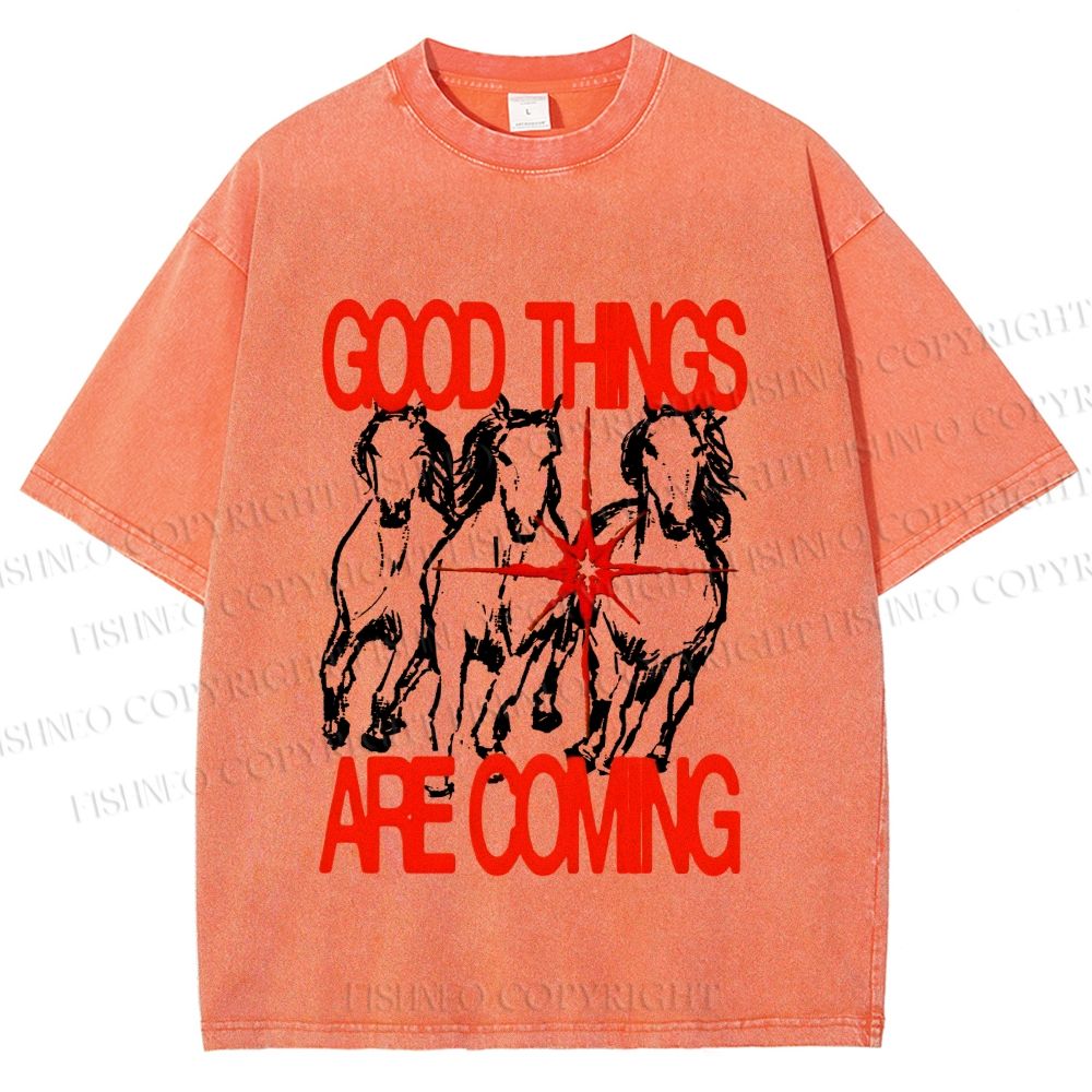 Unisex Horse Good Things Coming Printed Washed Tee