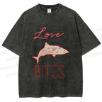 Unisex Love Bites Shark Printed Washed Tee