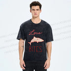 Unisex Love Bites Shark Printed Washed Tee