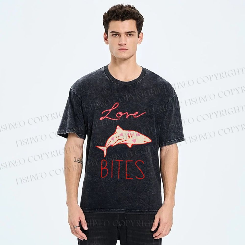 Unisex Love Bites Shark Printed Washed Tee