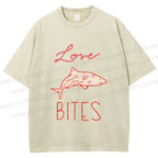 Unisex Love Bites Shark Printed Washed Tee