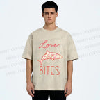 Unisex Love Bites Shark Printed Washed Tee