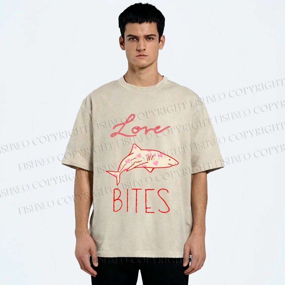 Unisex Love Bites Shark Printed Washed Tee