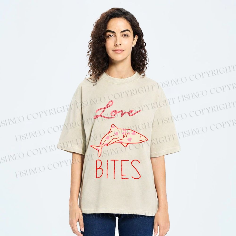 Unisex Love Bites Shark Printed Washed Tee