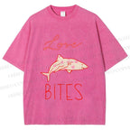 Unisex Love Bites Shark Printed Washed Tee