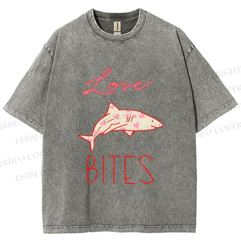 Unisex Love Bites Shark Printed Washed Tee