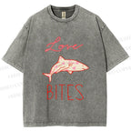 Unisex Love Bites Shark Printed Washed Tee