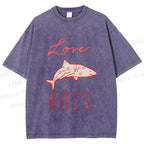 Unisex Love Bites Shark Printed Washed Tee