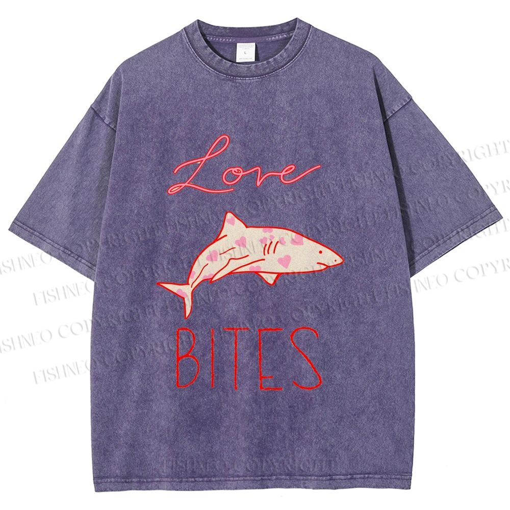 Unisex Love Bites Shark Printed Washed Tee