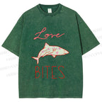 Unisex Love Bites Shark Printed Washed Tee