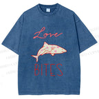 Unisex Love Bites Shark Printed Washed Tee
