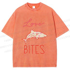 Unisex Love Bites Shark Printed Washed Tee