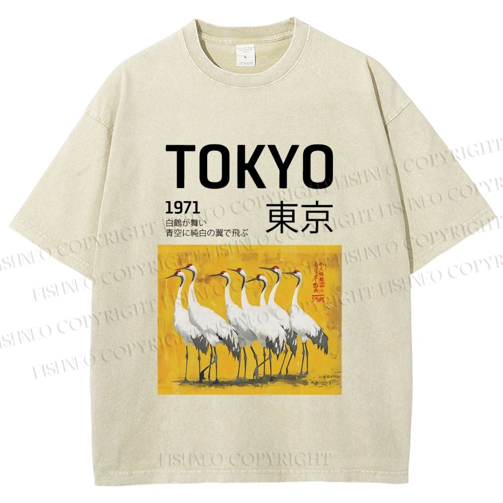 Unisex Tokyo 1971 Cranes Printed Washed Tee
