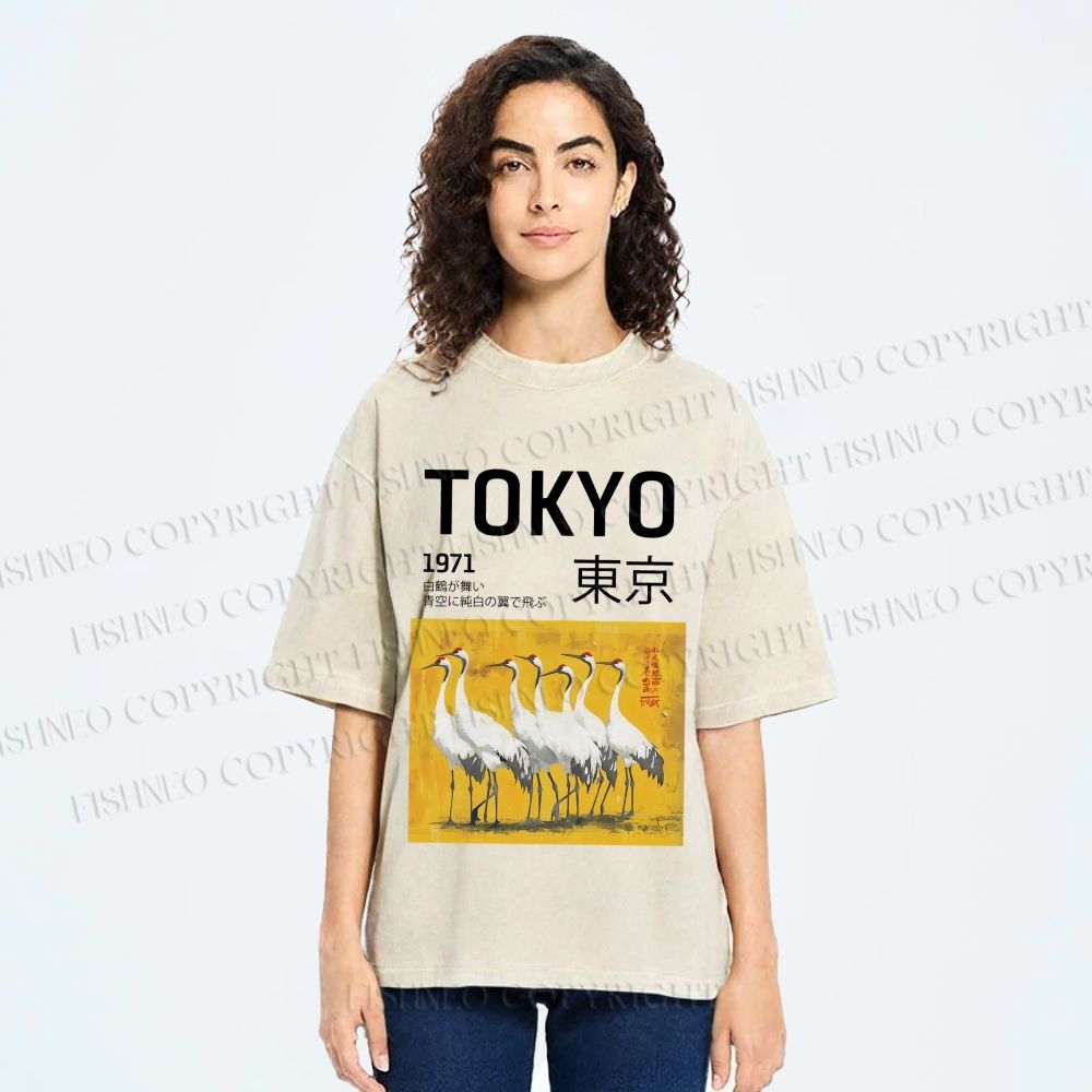 Unisex Tokyo 1971 Cranes Printed Washed Tee