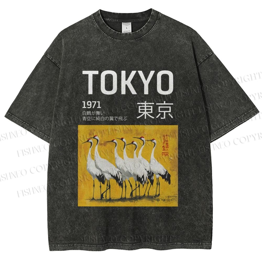Unisex Tokyo 1971 Cranes Printed Washed Tee