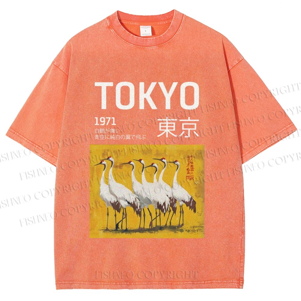 Unisex Tokyo 1971 Cranes Printed Washed Tee