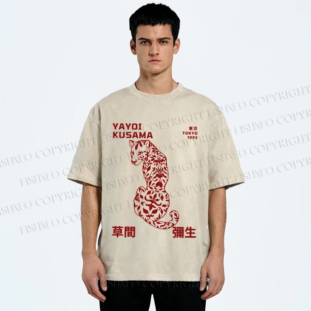 Unisex Yayoi Kusama Floral Panther Printed Washed Tee