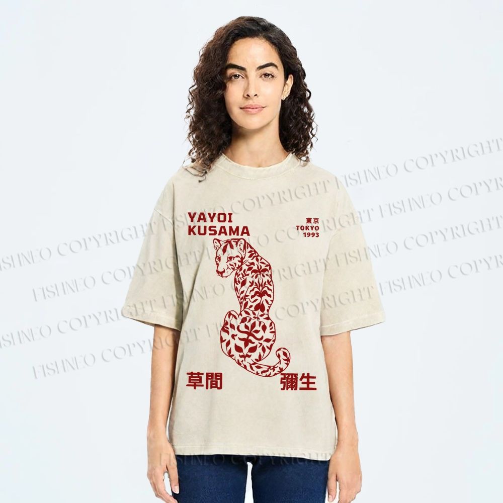 Unisex Yayoi Kusama Floral Panther Printed Washed Tee
