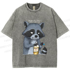 Unisex Exhausted Raccoon Printed Washed Tee