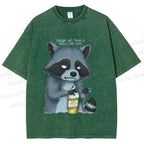 Unisex Exhausted Raccoon Printed Washed Tee