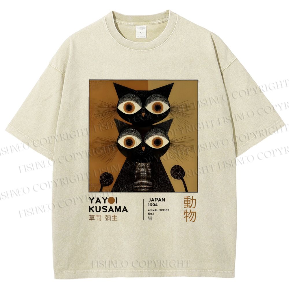 Unisex Yayoi Kusama Cat Printed Washed Tee