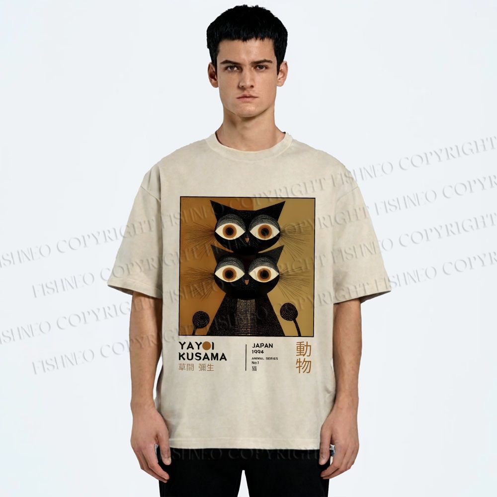 Unisex Yayoi Kusama Cat Printed Washed Tee