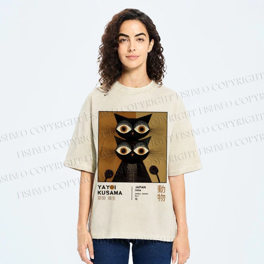 Unisex Yayoi Kusama Cat Printed Washed Tee