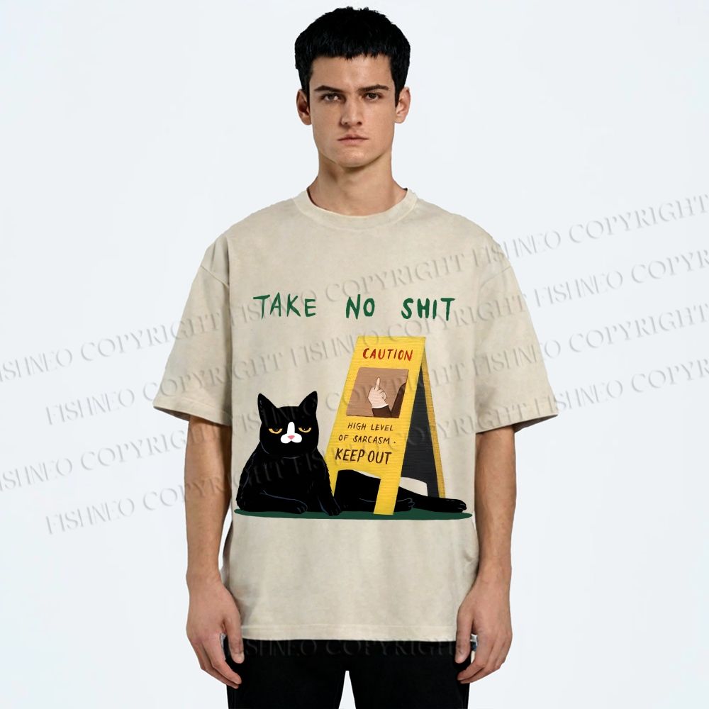 Unisex Sassy Cat Caution Sign Printed Washed Tee