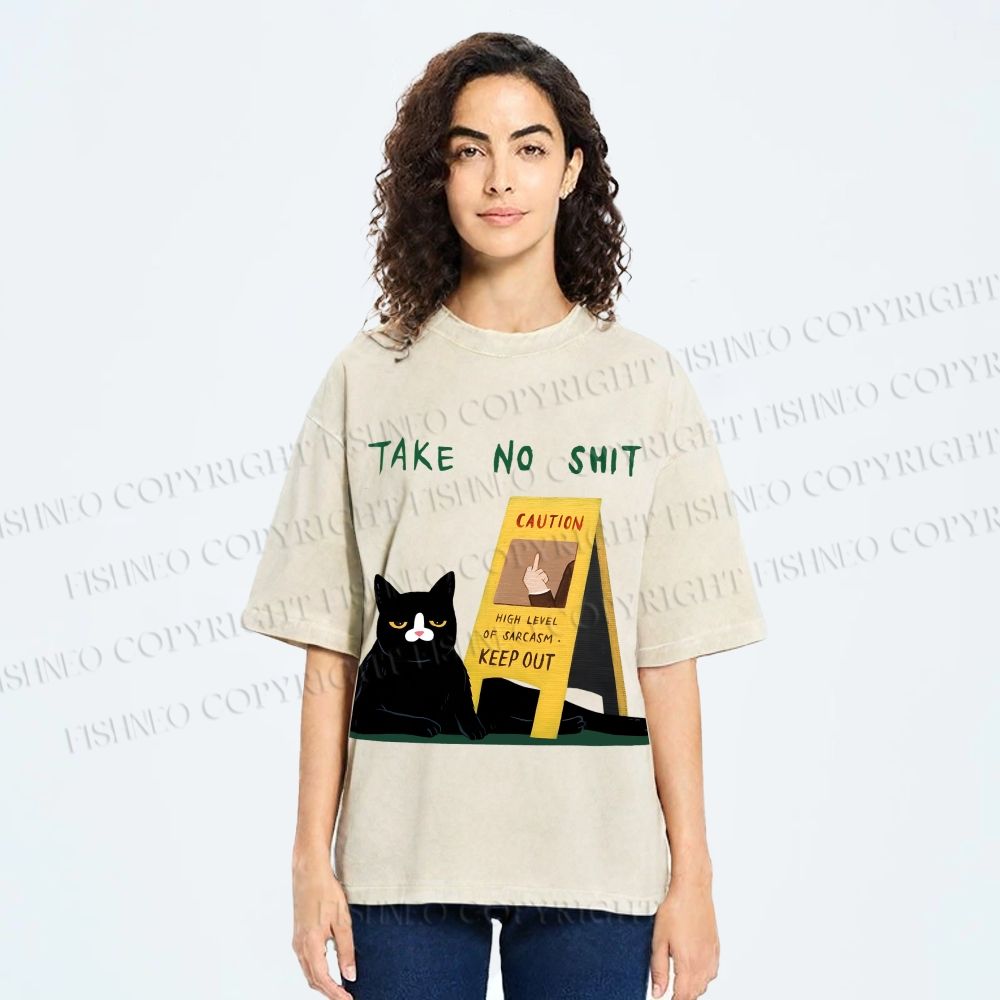 Unisex Sassy Cat Caution Sign Printed Washed Tee
