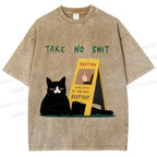 Unisex Sassy Cat Caution Sign Printed Washed Tee