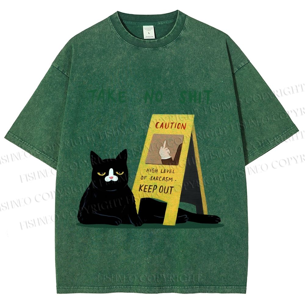 Unisex Sassy Cat Caution Sign Printed Washed Tee