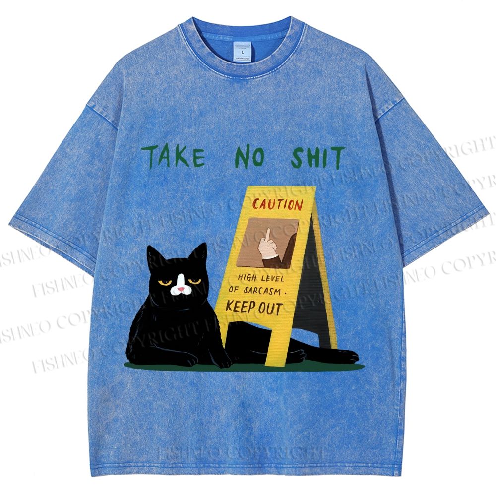 Unisex Sassy Cat Caution Sign Printed Washed Tee