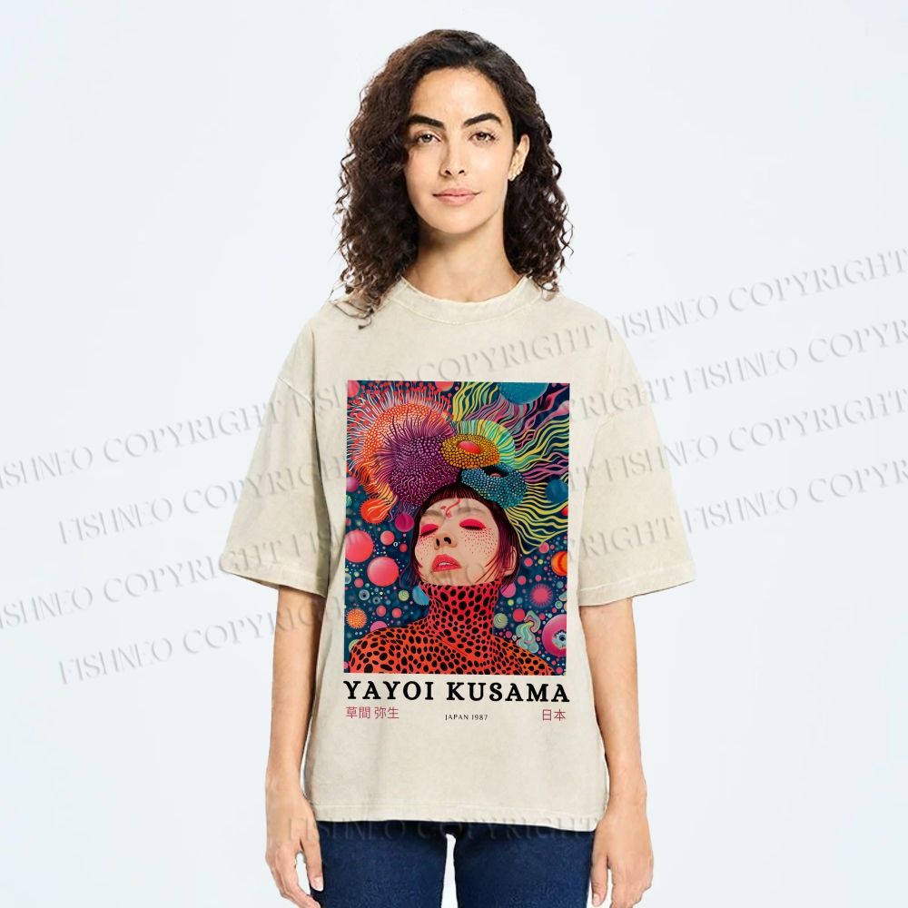 Unisex Yayoi Kusama Artistic portrait Printed Washed Tee
