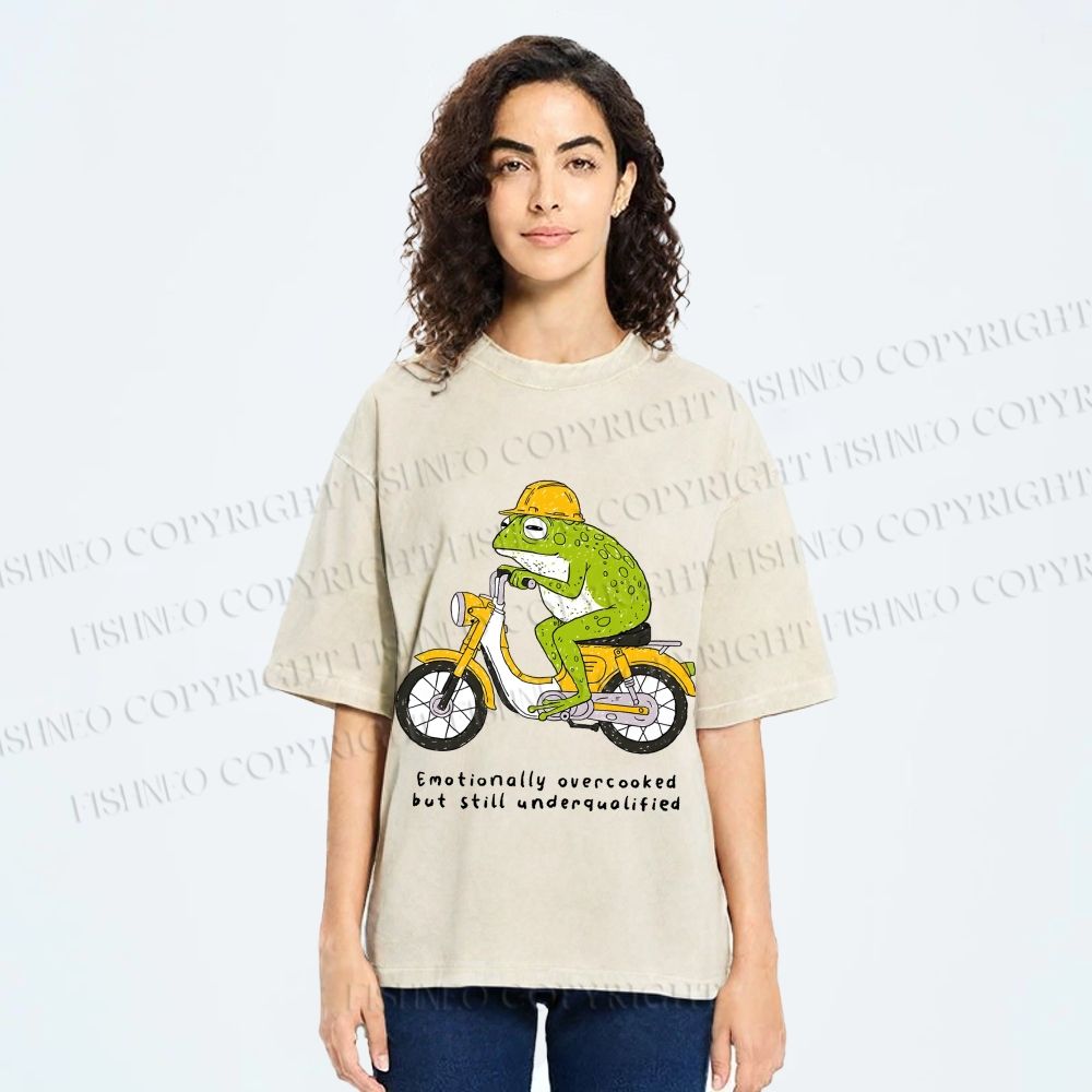 Unisex Biker Frog Printed Washed Tee