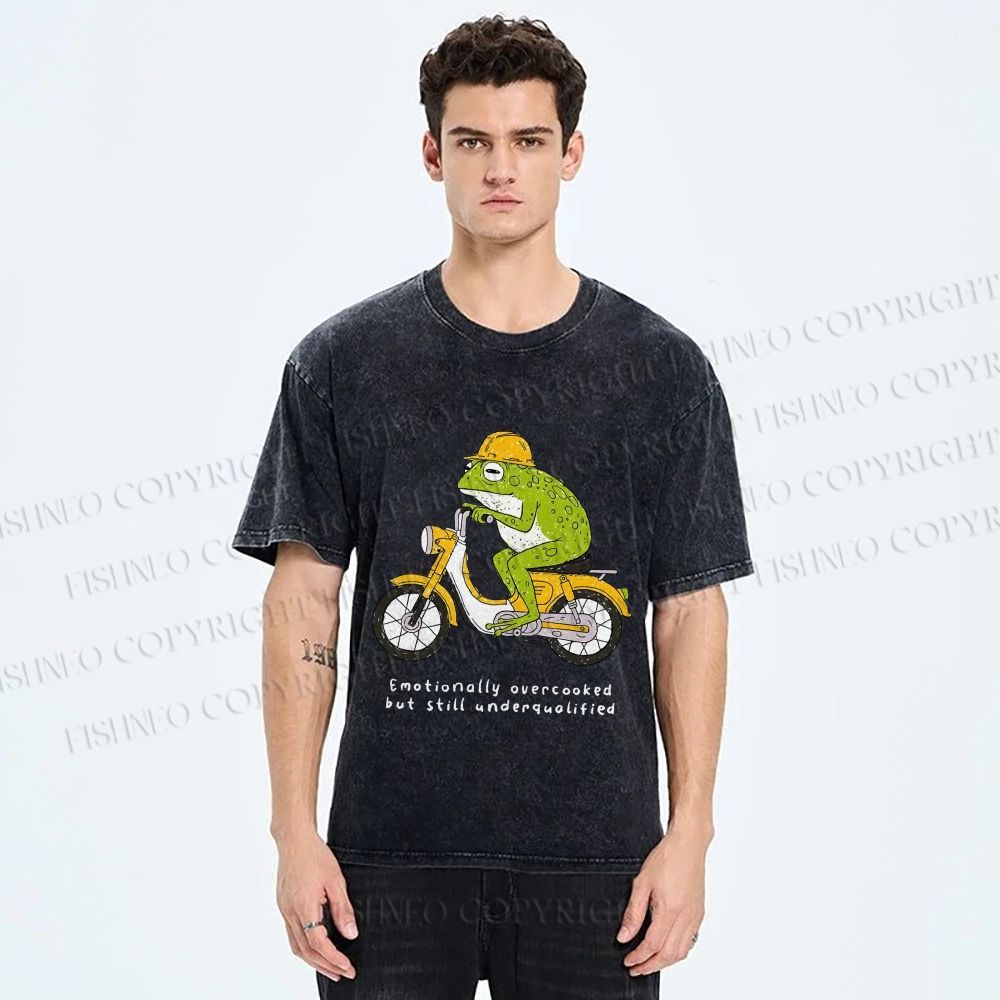 Unisex Biker Frog Printed Washed Tee